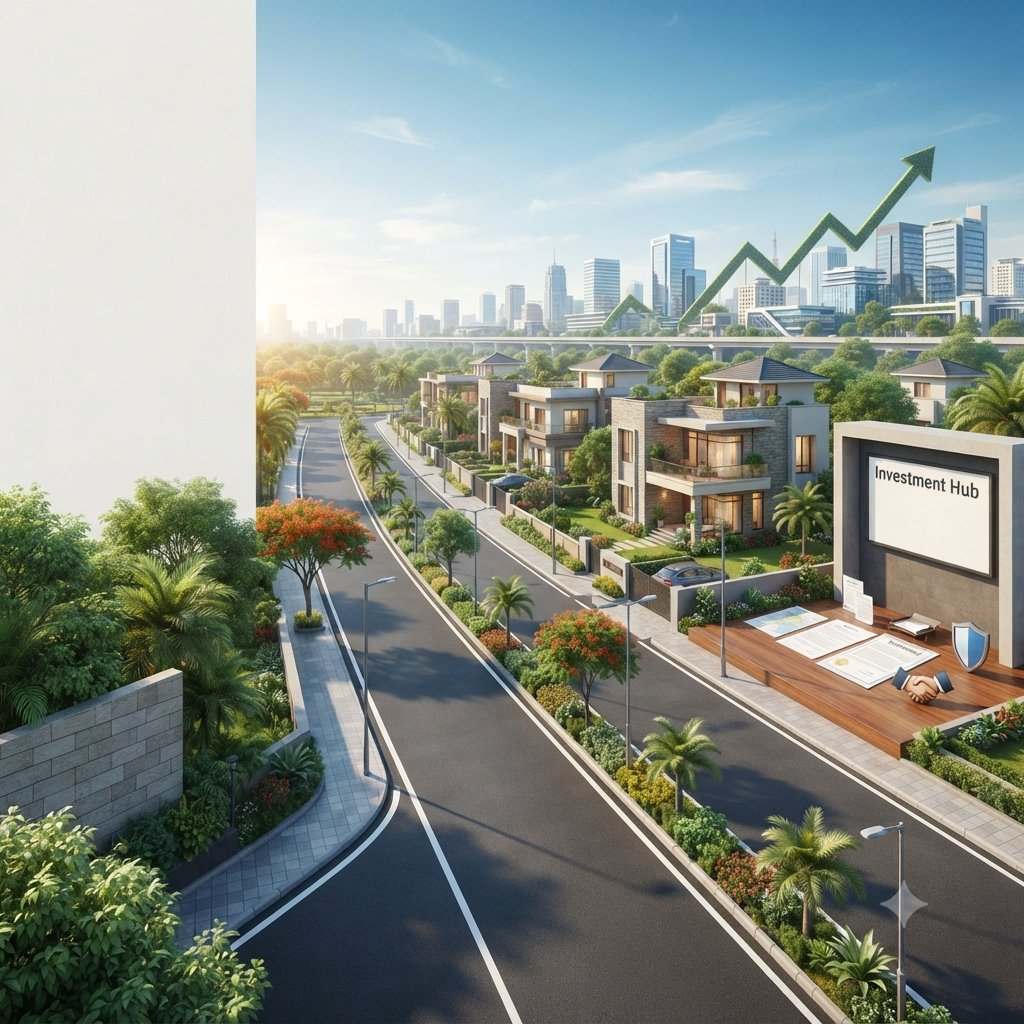 Modern residential community with city skyline and investment