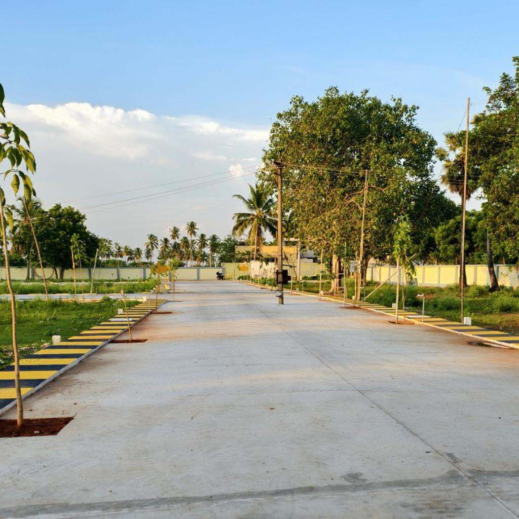 Concrete internal road lined with trees at CKP Garden Phase 1 in Panjapur–Manikandam, Trichy
