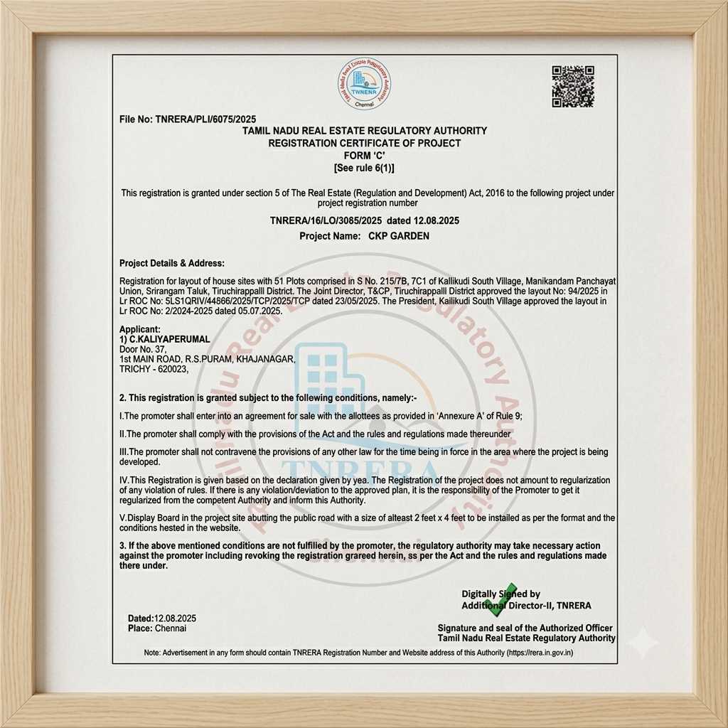 CKP Garden TNRERA approved residential plots in Manikandam Trichy