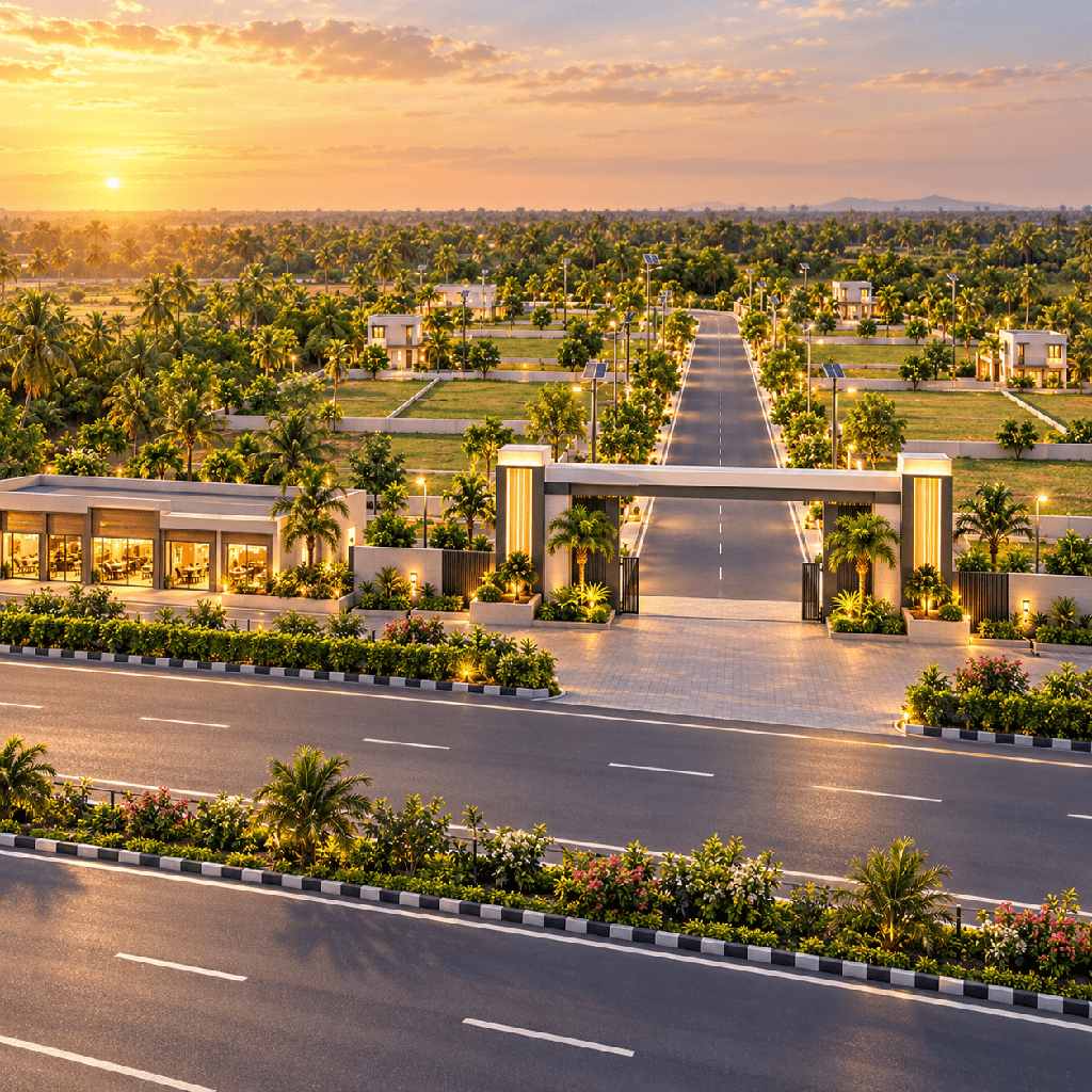 Aerial view of CKP Emerald plotted community beside Panjapur Ring Road
